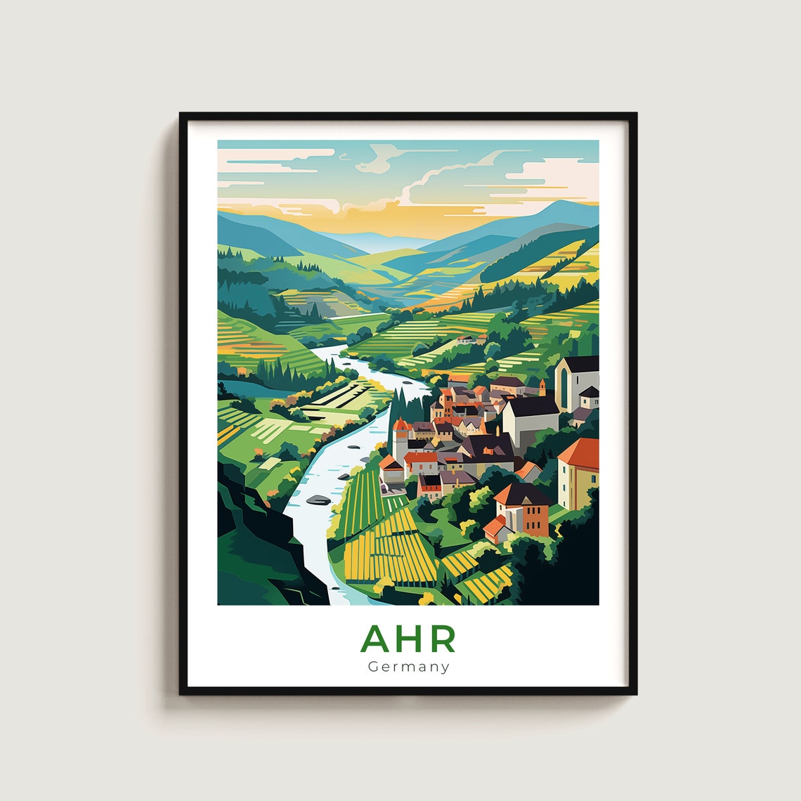 Ahr Germany Travel Poster Riverside Village Vineyard Valley Scene