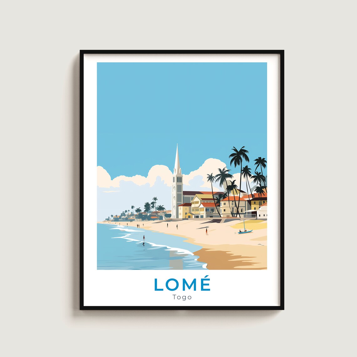 Lome Togo Beach Cathedral Spire Palm Trees Vintage Travel Poster