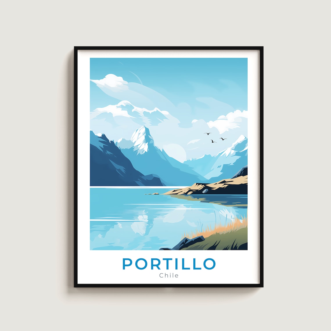 Portillo Chile Snowy Peak Lake Shore Birds Vintage Travel Poster