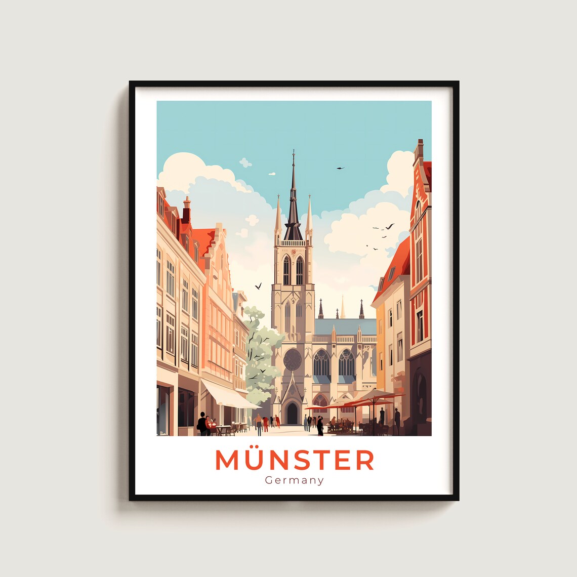 Münster Germany Church with Rose Window Sunny Street Travel Poster