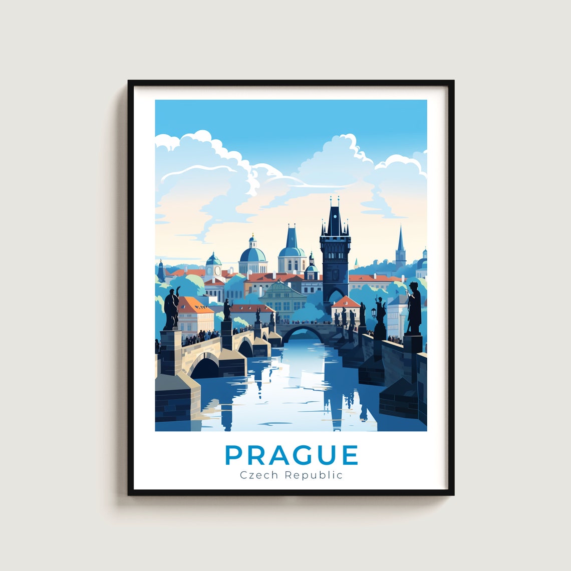 Prague Czech Charles Bridge Statues Vltava River Dawn Travel Poster