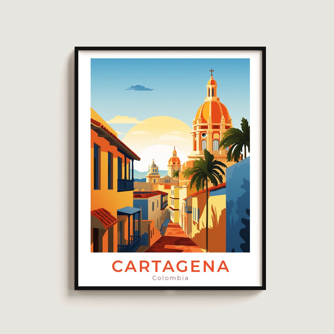 Cartagena Colombia Cathedral Dome Sunset Old Town Retro Travel Poster