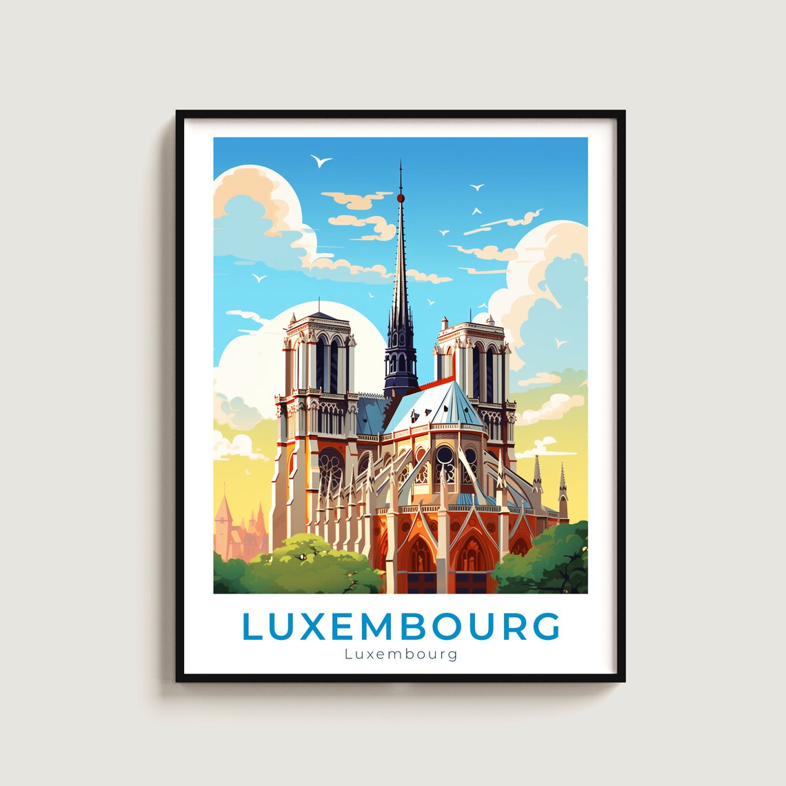 Luxembourg City Gothic Cathedral Spire Twin Towers Travel Poster