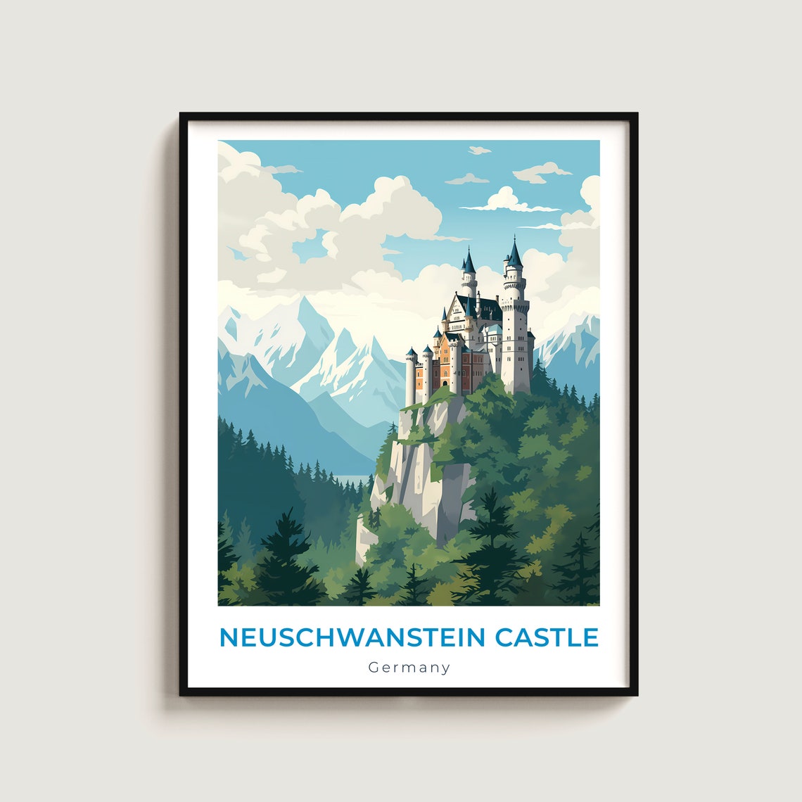 Neuschwanstein Castle on Cliff Bavarian Alps Germany Travel Poster