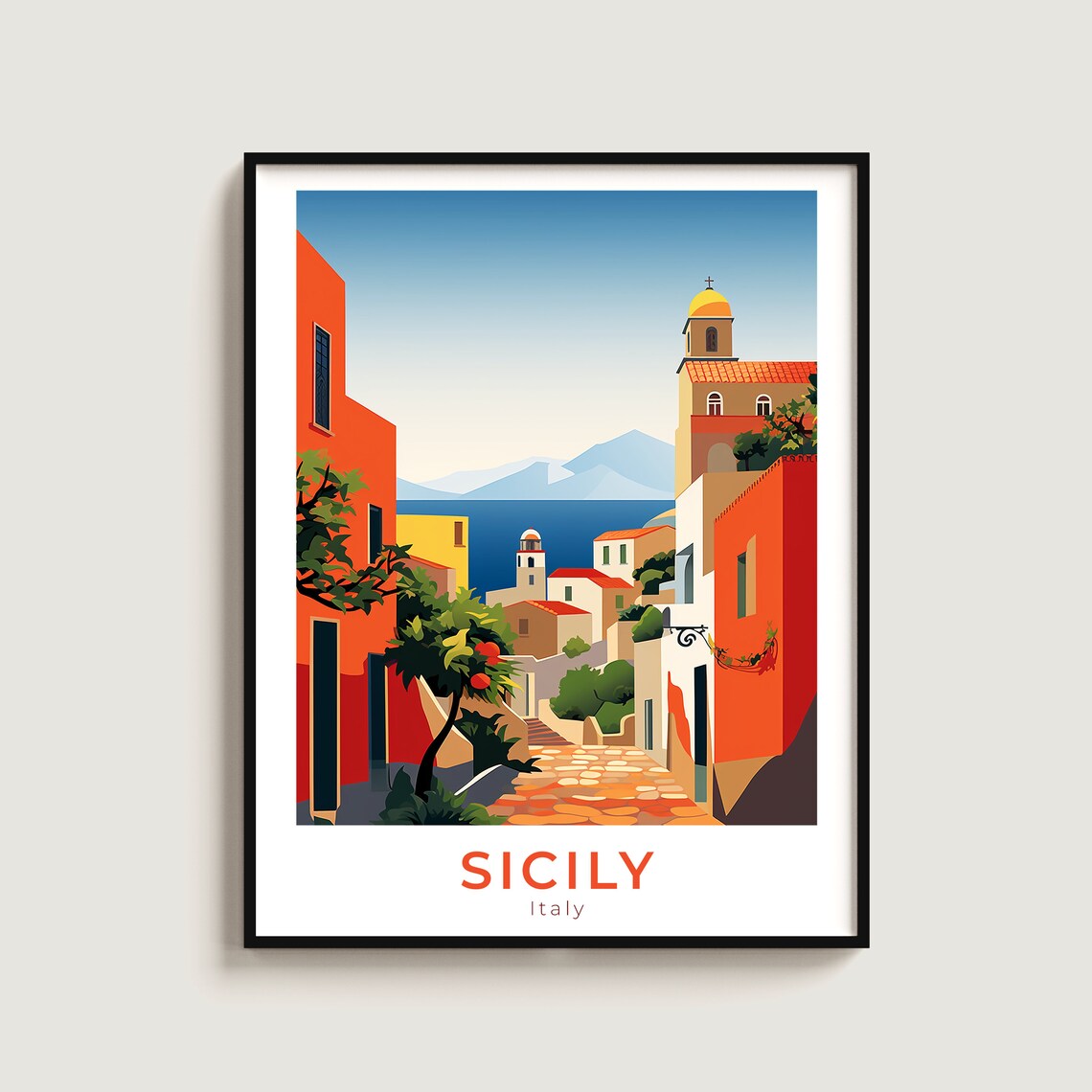 Sicily Italy Mediterranean Village Street Volcano Travel Poster