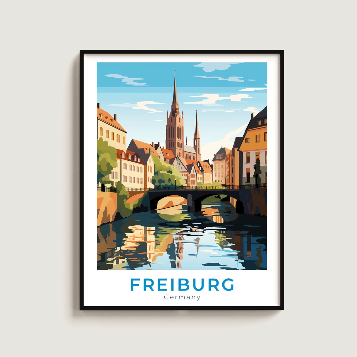 Freiburg Germany River Bridge Old Town Vintage Travel Poster Artwork