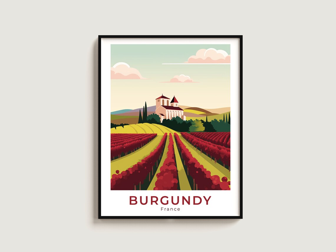 Burgundy France Red Vineyard Rows Church Retro Travel Poster