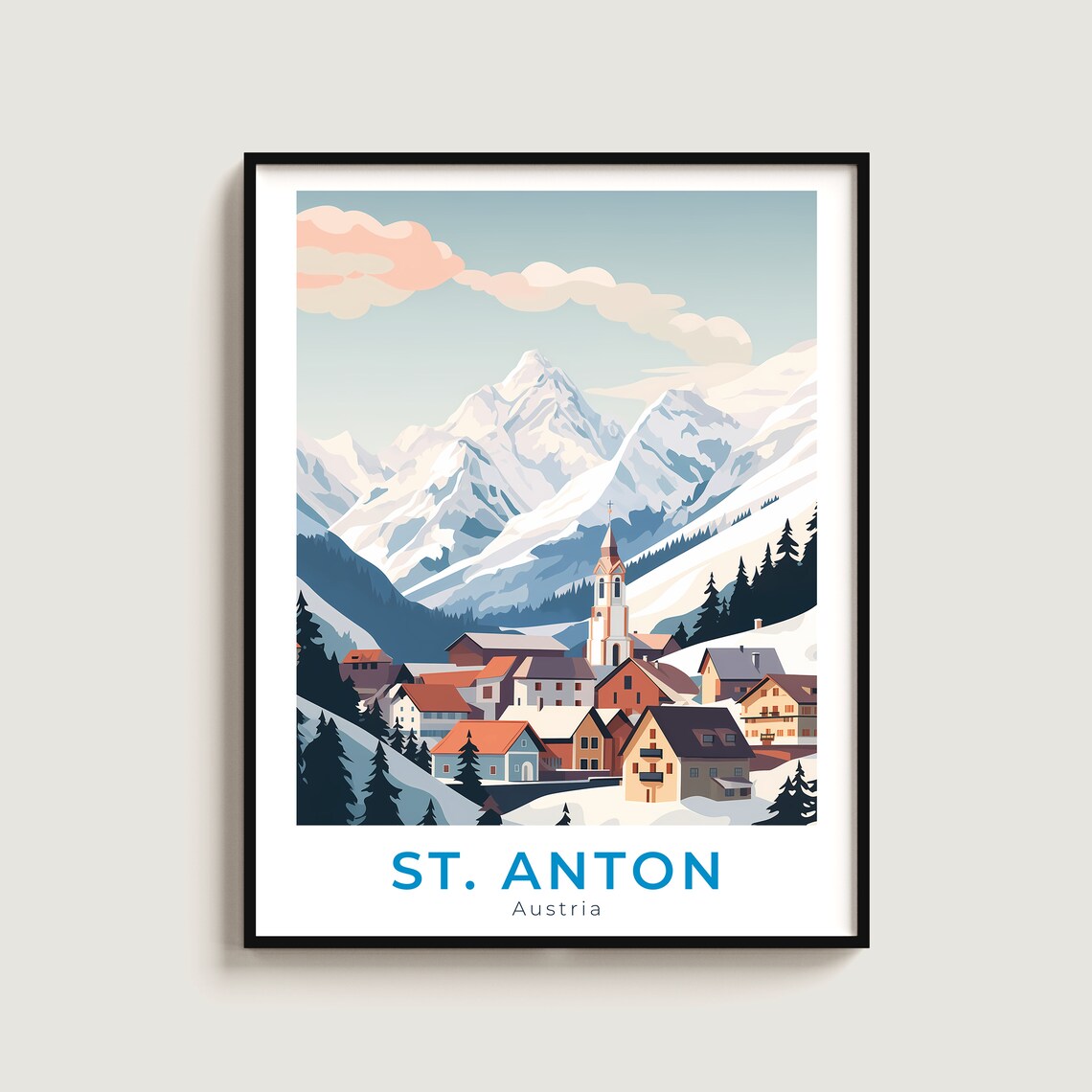 St Anton Austria Pink Sky Village Church Snowy Mountain Town Poster