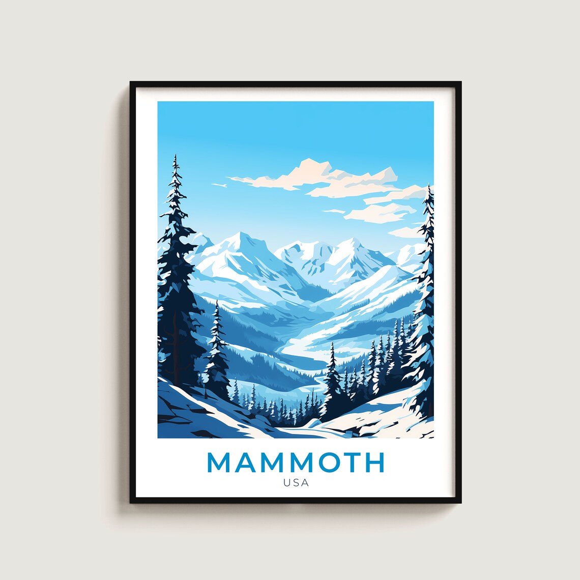 Mammoth USA Snowy Mountain Valley Pine Forest Ski Travel Poster