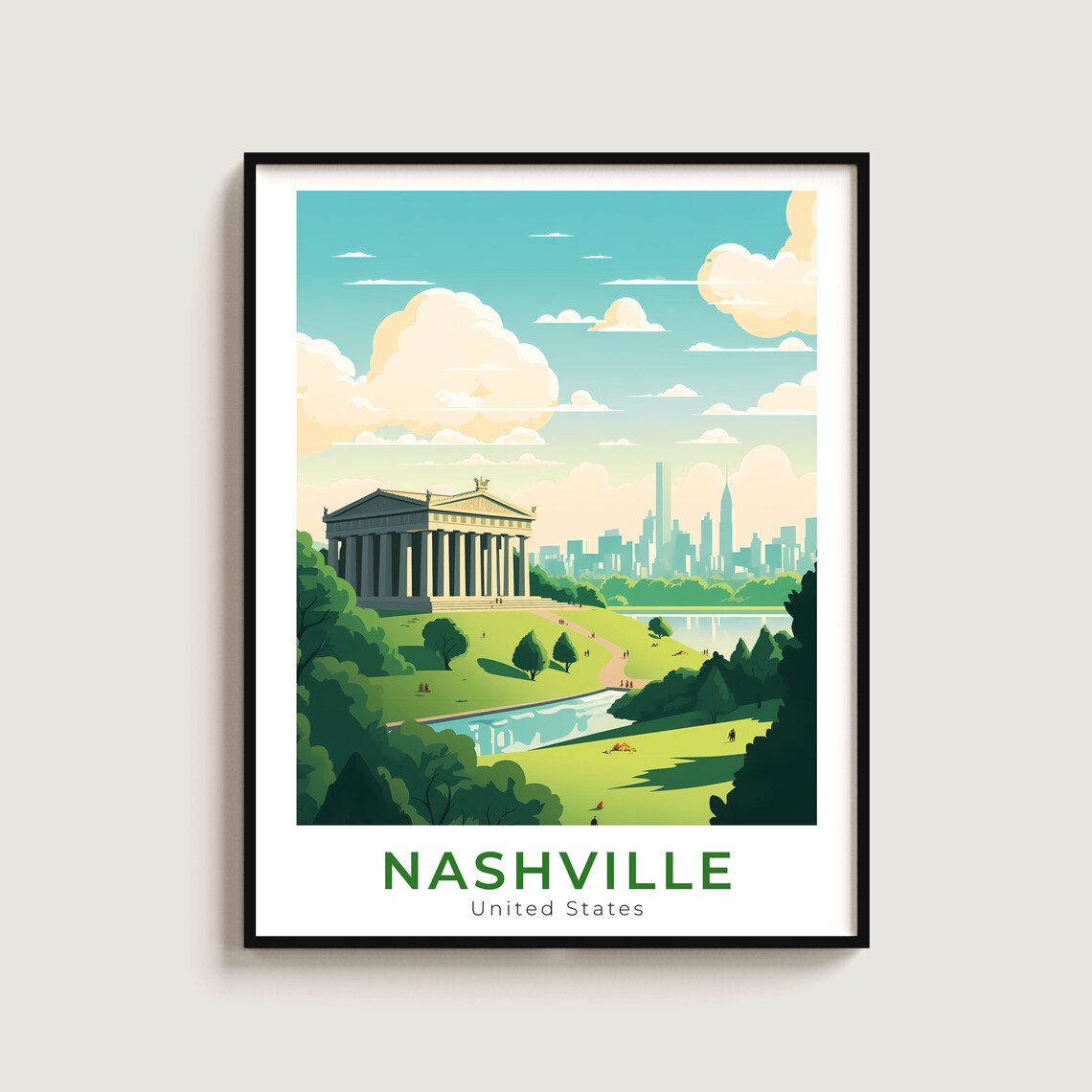 Nashville Parthenon Centennial Park Skyline Vintage Travel Poster