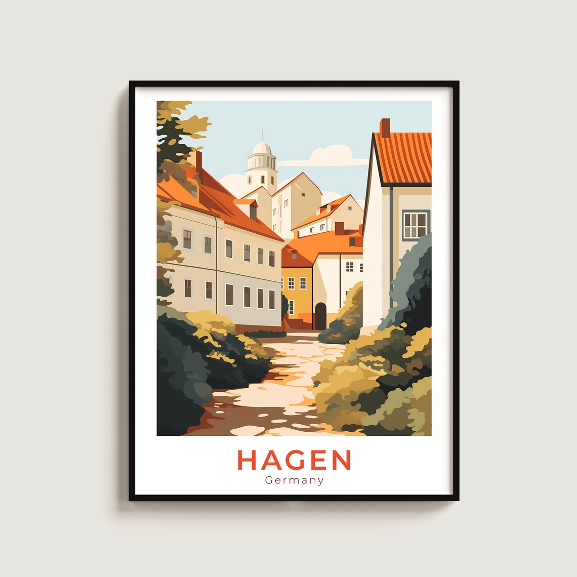 Hagen Old Town Red Rooftops Germany Travel City Poster Gift Art