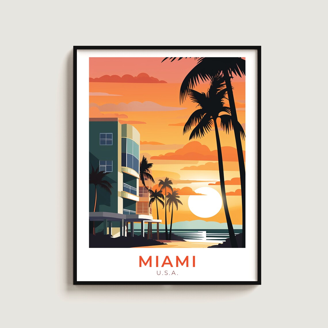 Miami Florida Sunset Over the Ocean Palm Tree Silhouettes Wall Art