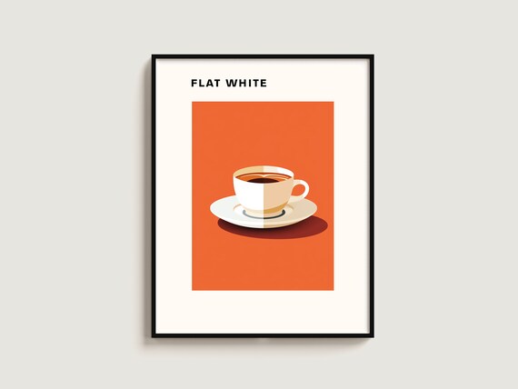 Flat White Coffee Minimalist Kitchen Art Poster Orange Modern Cup Decor
