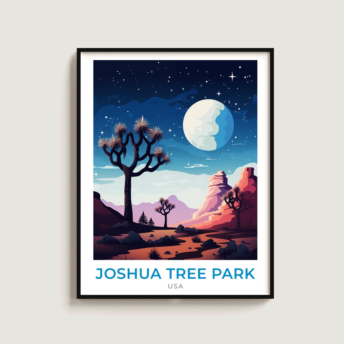 Joshua Tree Park Night Sky Full Moon Desert Starscape Travel Poster