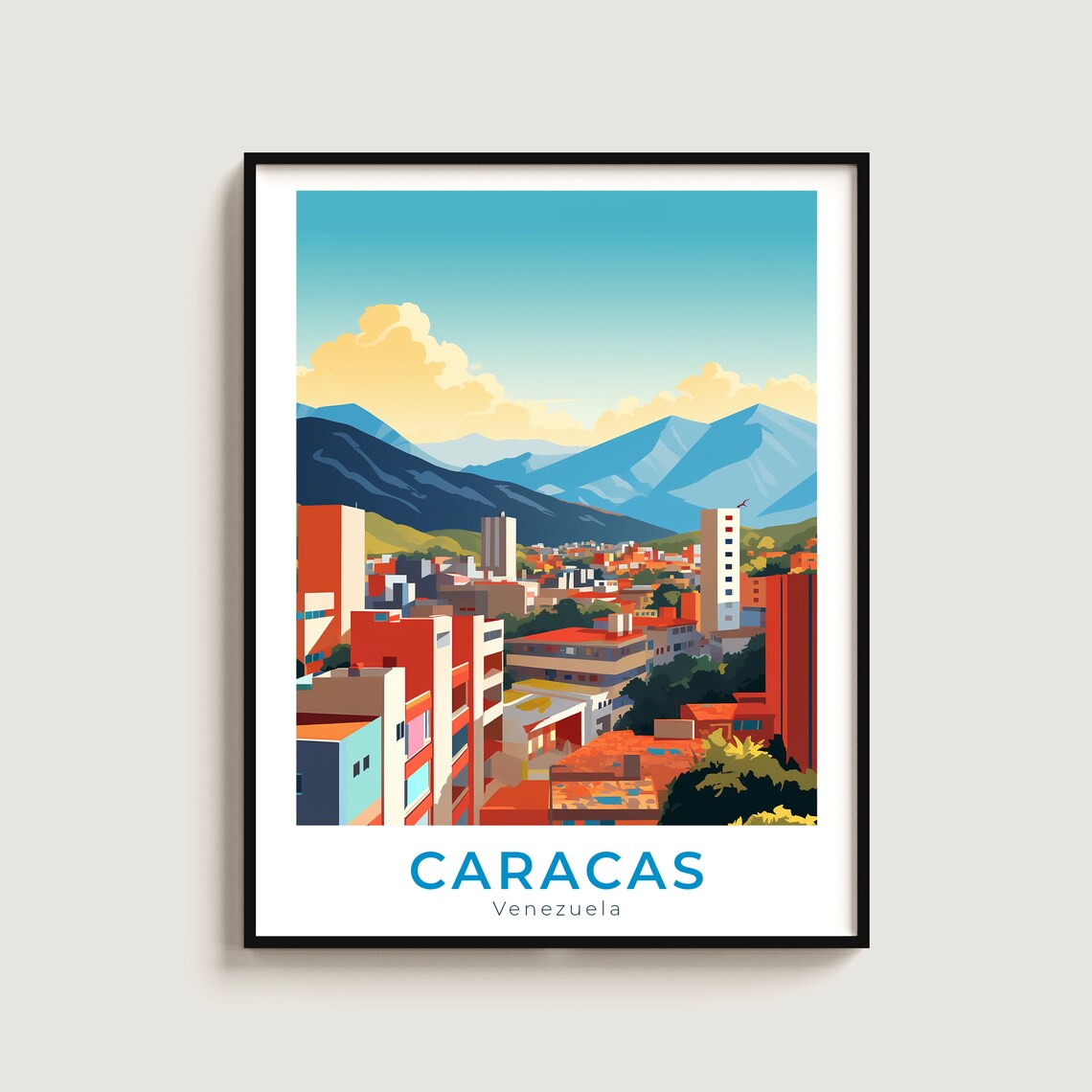 Caracas Venezuela Travel Poster City Skyline Mountain Sunset View