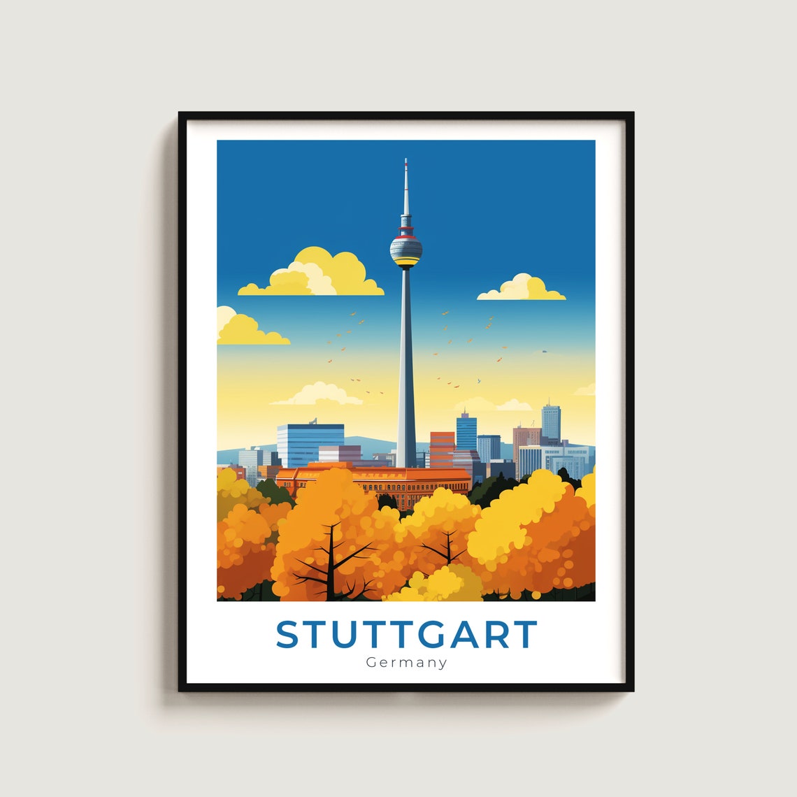 Stuttgart TV Tower Skyline Autumn Trees Illustrated Travel Poster