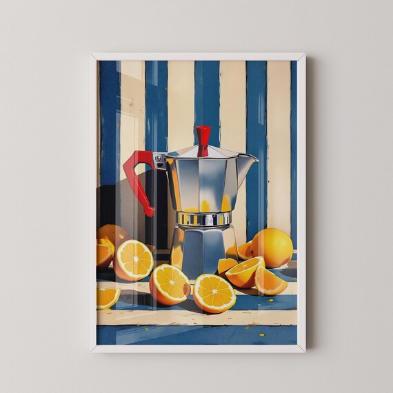 Moka Coffee Pot And Oranges Poster with Mediterranean Blue Stripe Kitchen Art