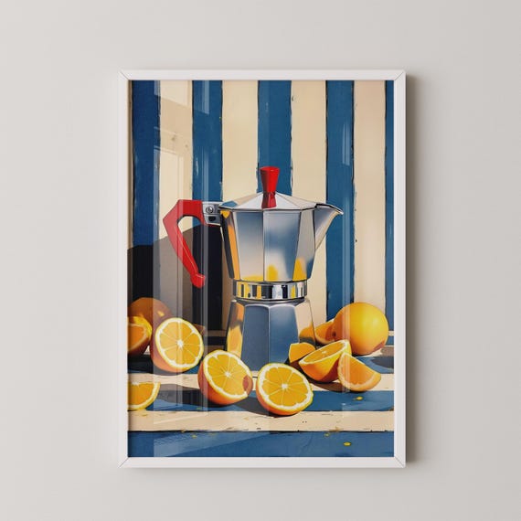 Retro Coffee Pot Lemons Print Mediterranean Kitchen Still Life