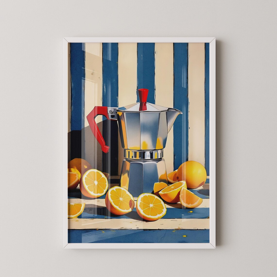 Moka Coffee Pot And Oranges Poster with Mediterranean Blue Stripe Kitchen Art