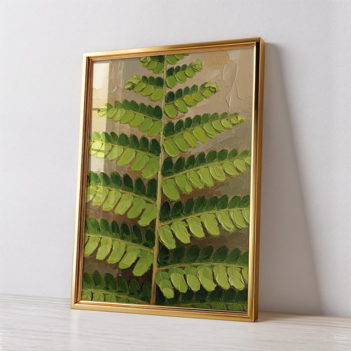 Fern Frond Closeup Luminous Botanical Oil Painting Green Print