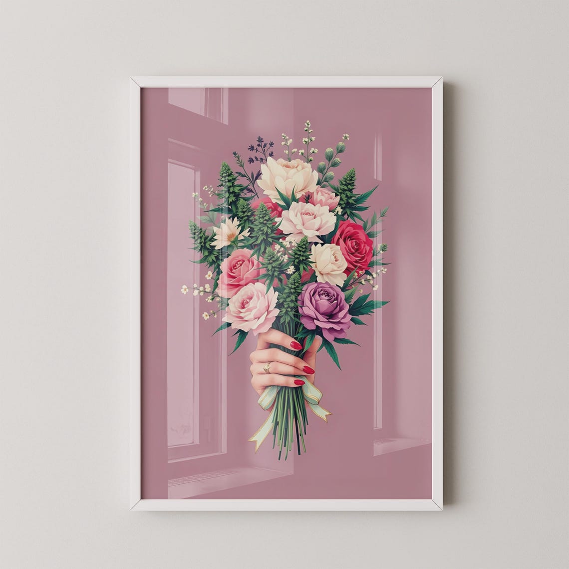Romantic Rose And Cannabis Bouquet Held By Hand Floral Art Poster