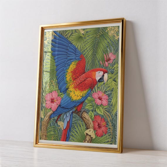Maximalist Bird Decor Retro Parrot Wall Art Macaw Illustration