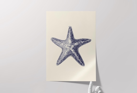 Navy Blue Starfish Poster Print Coastal Decor Beach Cottage Art Prints Nautical Wall