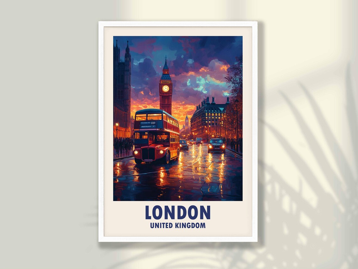 London Big Ben Red Bus Rainy Street Night Vintage Travel Poster