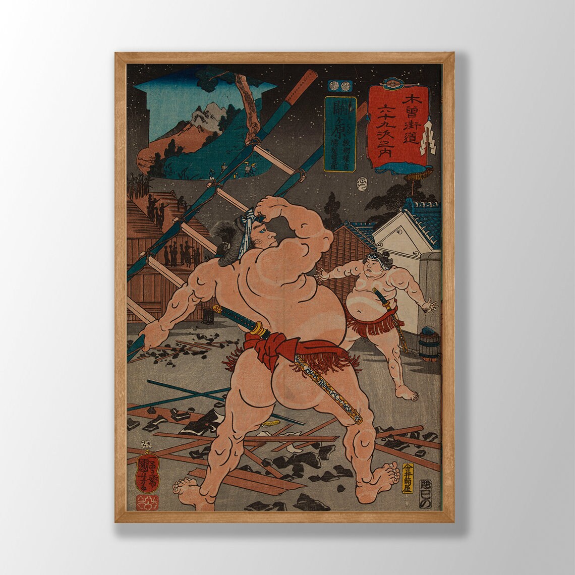 Vintage Japanese Ukiyo-e Sumo Wrestlers Woodblock Night Scene Print