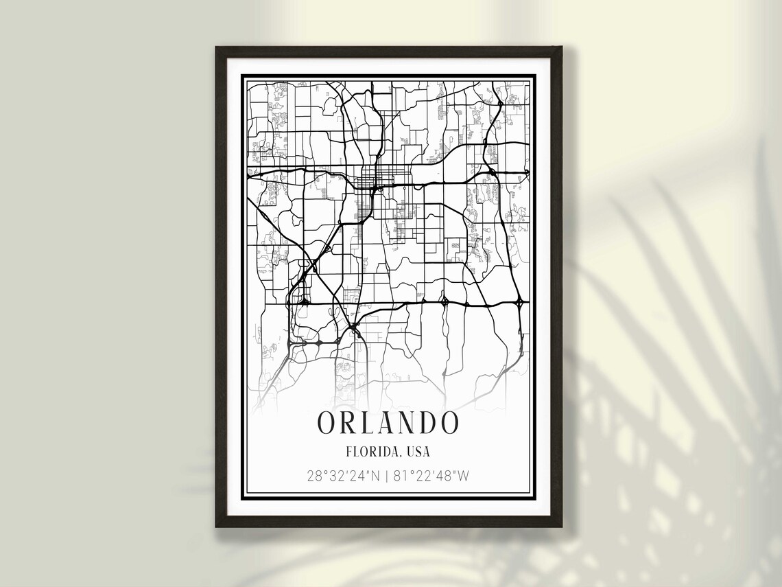 Orlando Florida USA Minimalist Black White Street Map Art Print