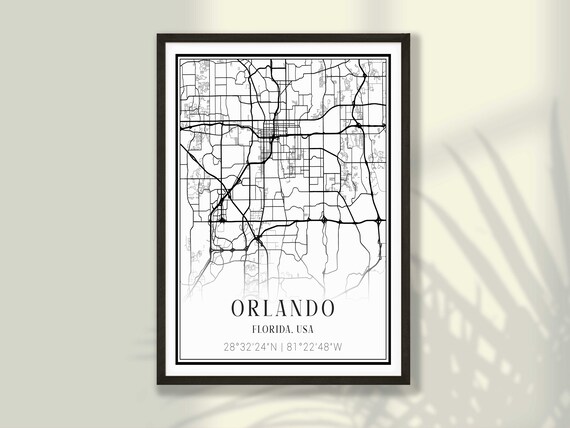 Orlando Florida USA Minimalist Black White Street Map Art Print