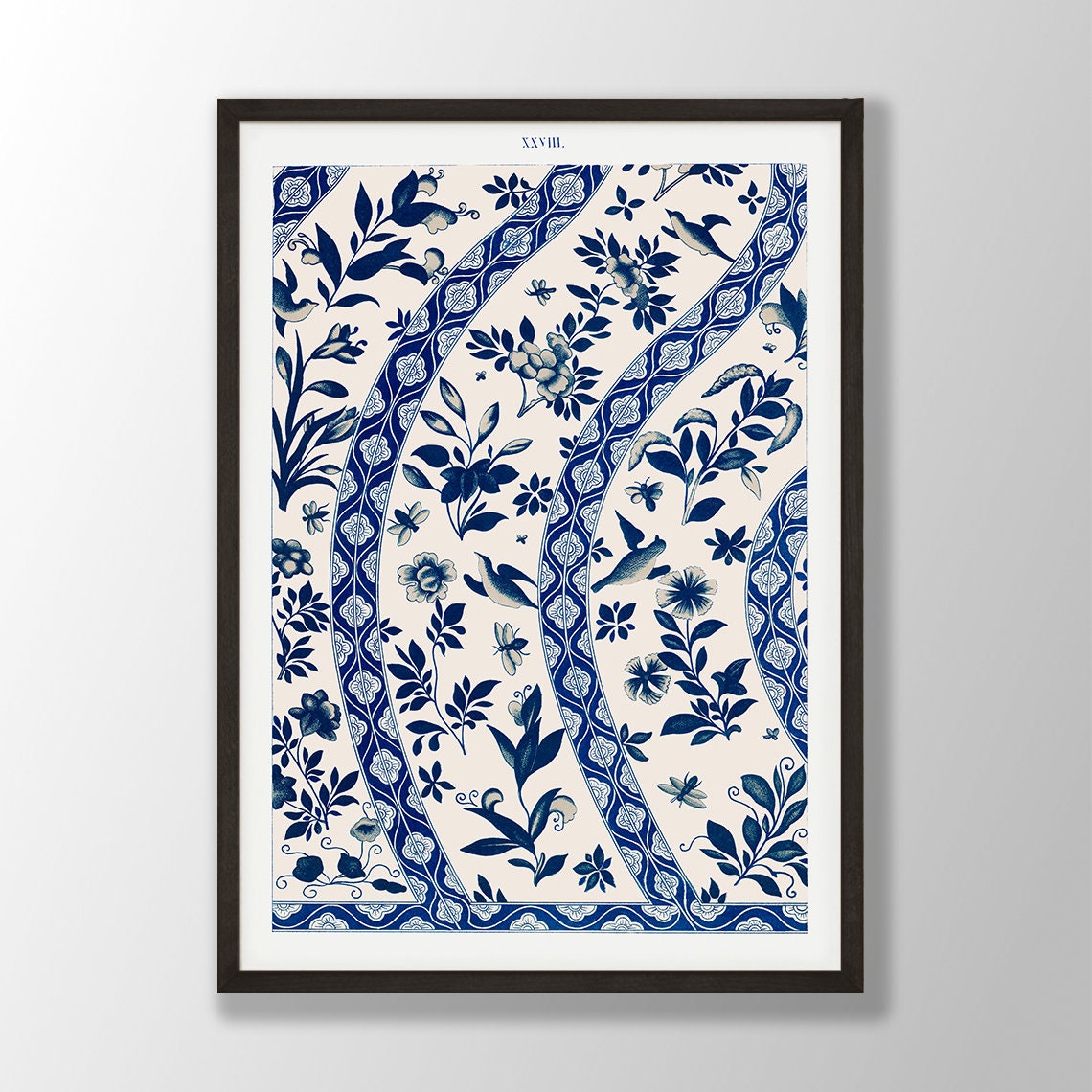 Blue and White Porcelain Floral Birds Diagonal Pattern Poster