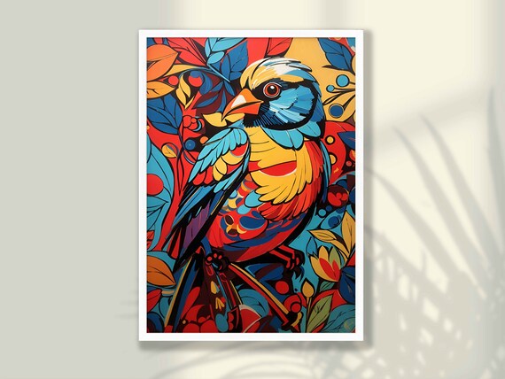 Colorful Songbird Tropical Leaves Bold Pop Illustration Poster