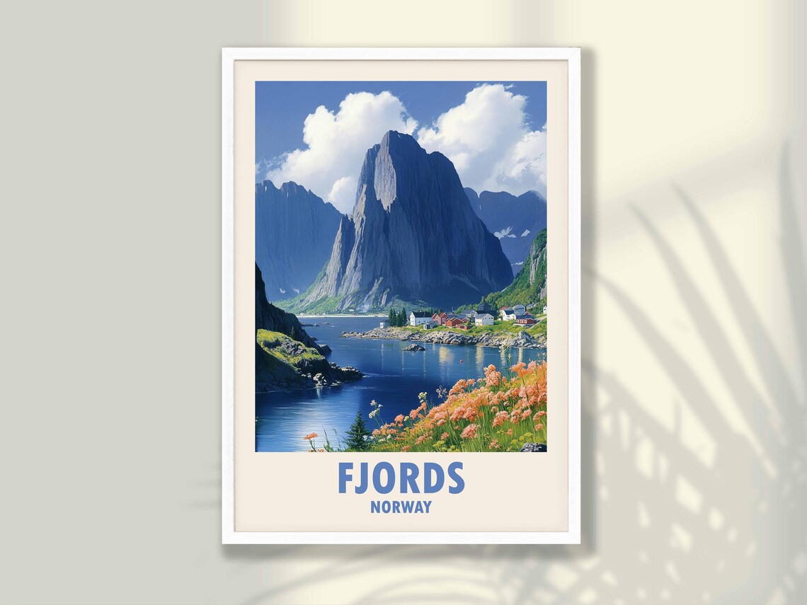 Norway Fjords Mountain Village Wildflowers Vintage Travel Poster