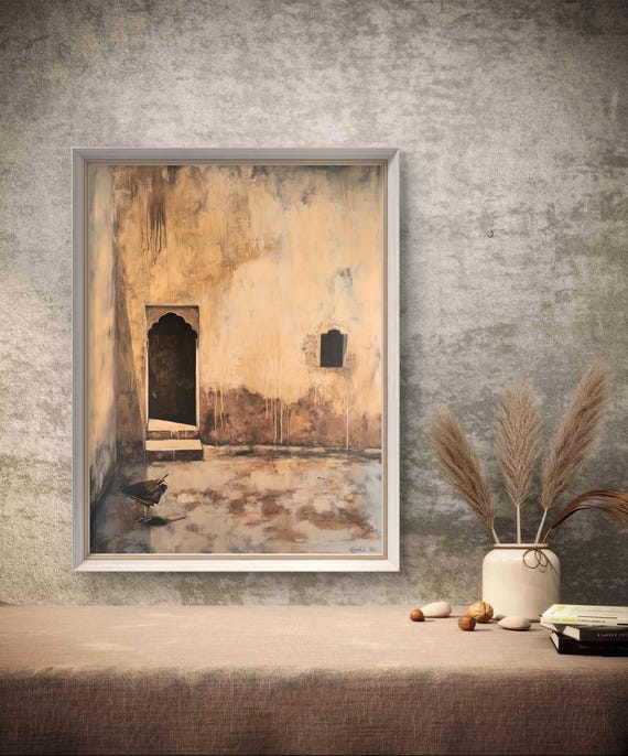 Punjab Courtyard Print Rustic Mud Wall Arched Doorway