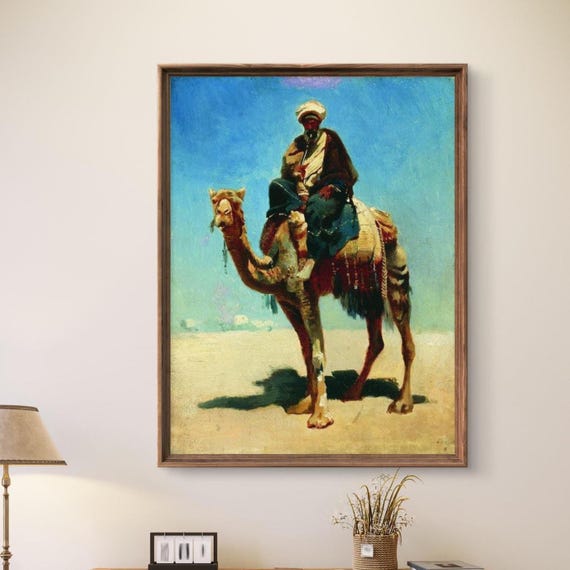 Orientalist Desert Arab On Camel Painting Vintage Middle Eastern Art