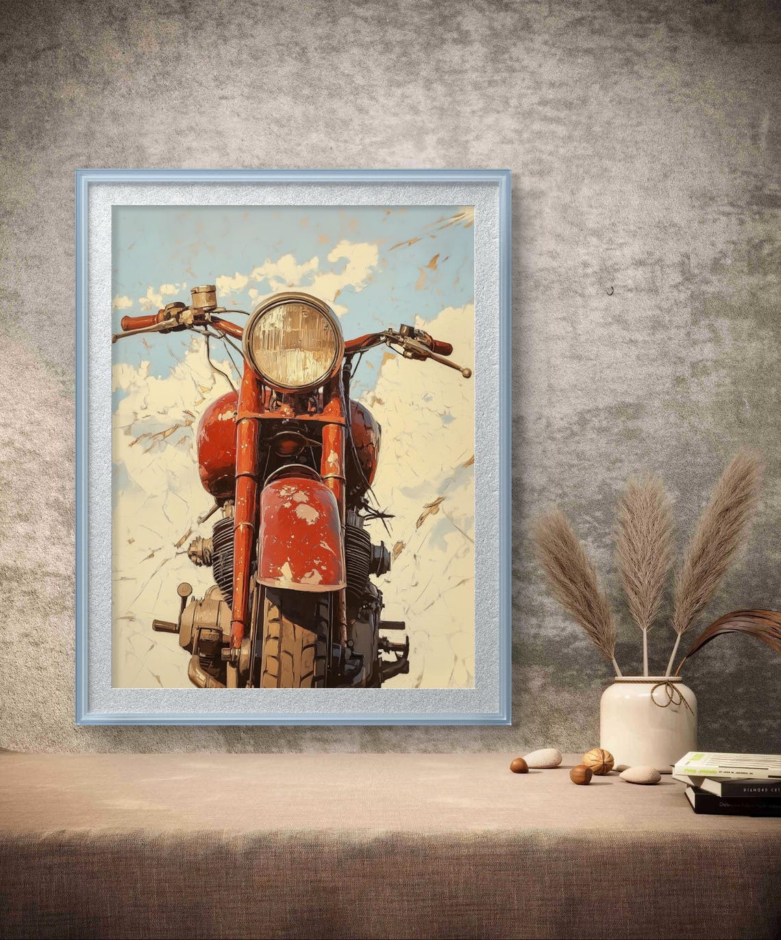 Vintage Red Motorcycle Headlight Front View Garage Art Poster