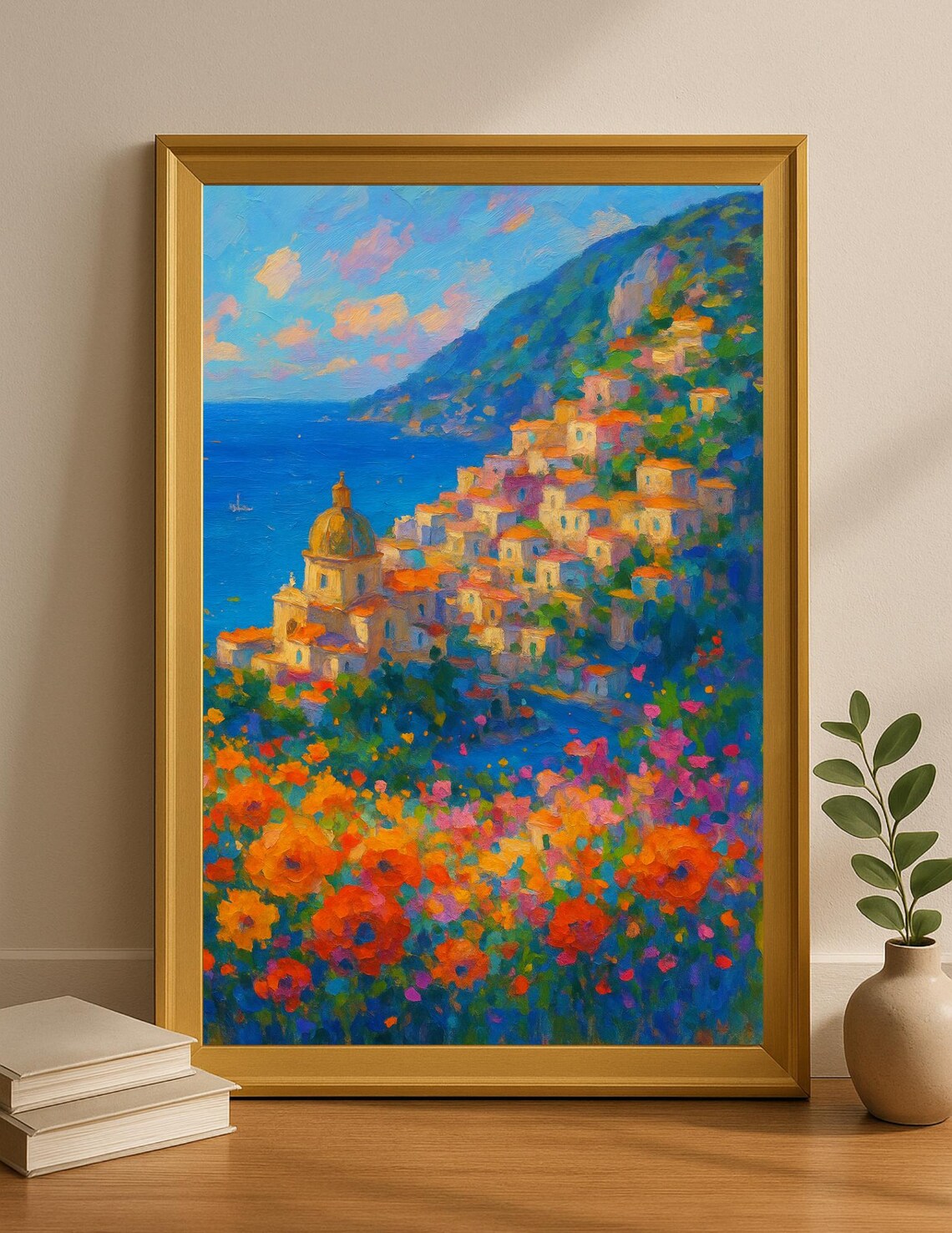 Colorful Mediterranean Coastal Village Floral Painting Art Poster