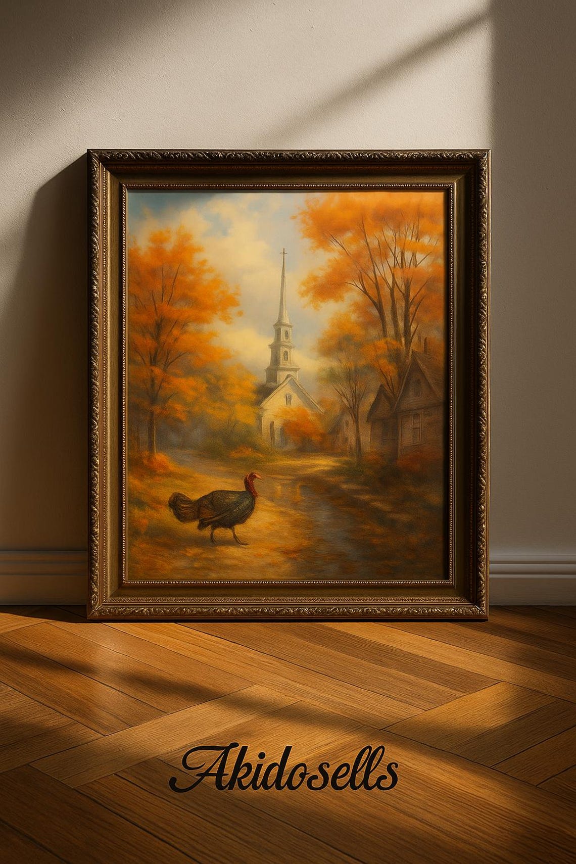 Rustic Autumn Church Scene Cozy Fall Turkey Painting