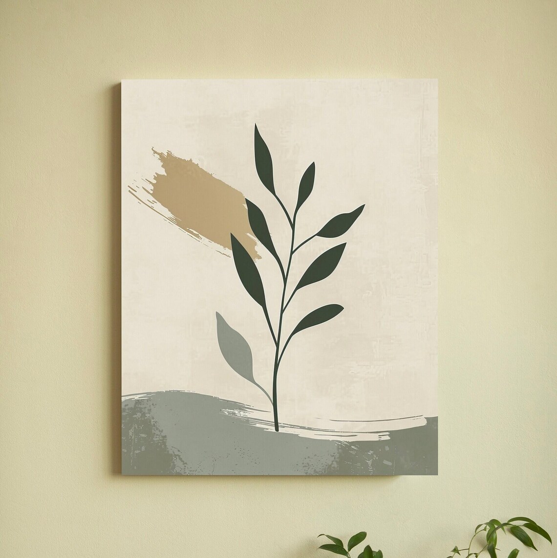 Minimalist Sage Green Botanical Branch with Cream Brushstrokes Poster
