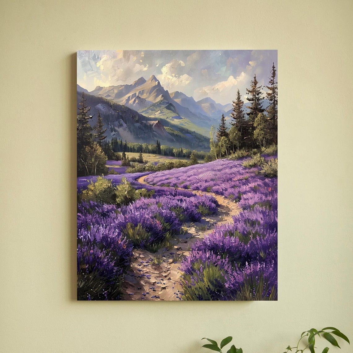 Lavender Meadow with Winding Path Pines and Jagged Peaks Poster