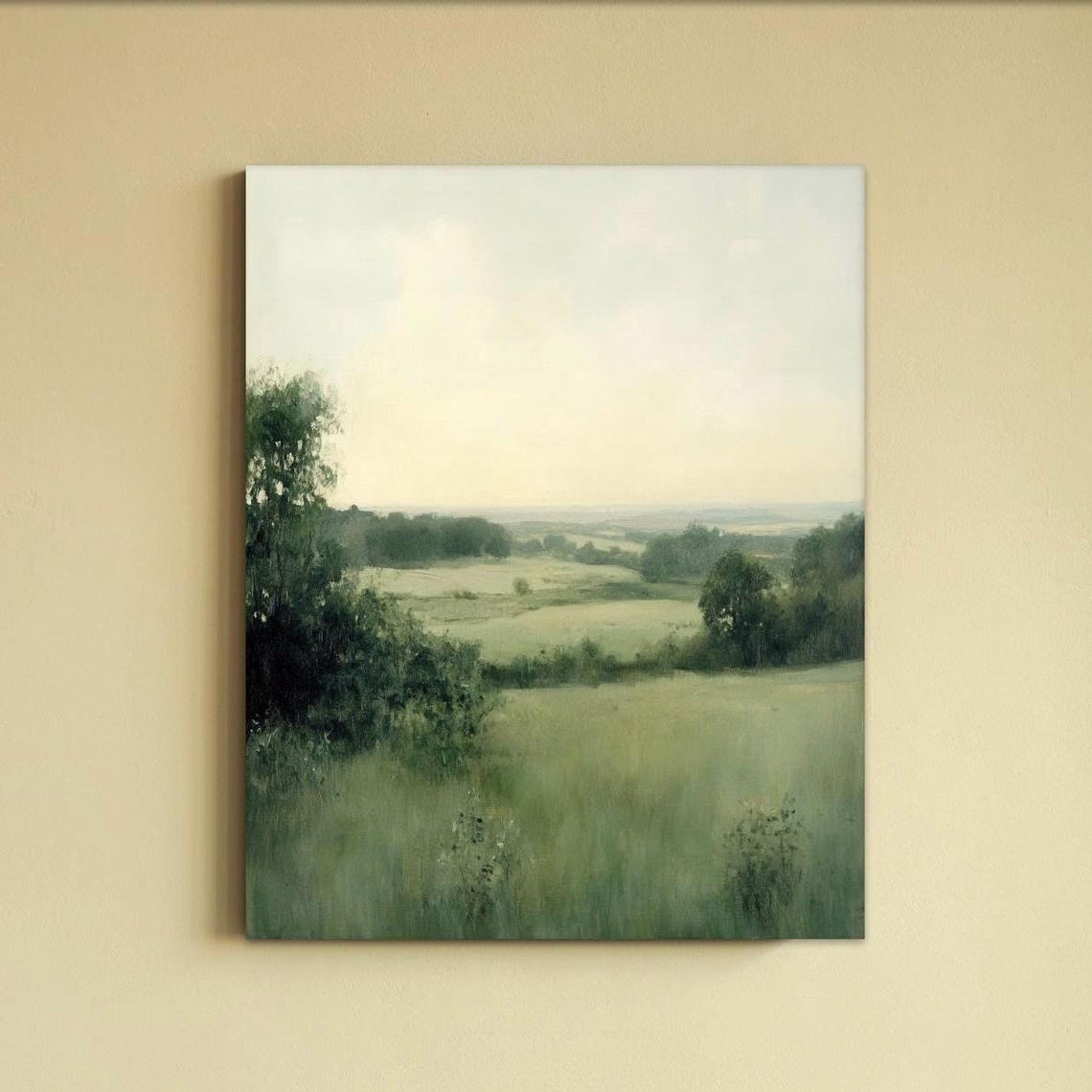 Misty Green Meadow Valley Soft Minimalist Countryside Landscape Poster