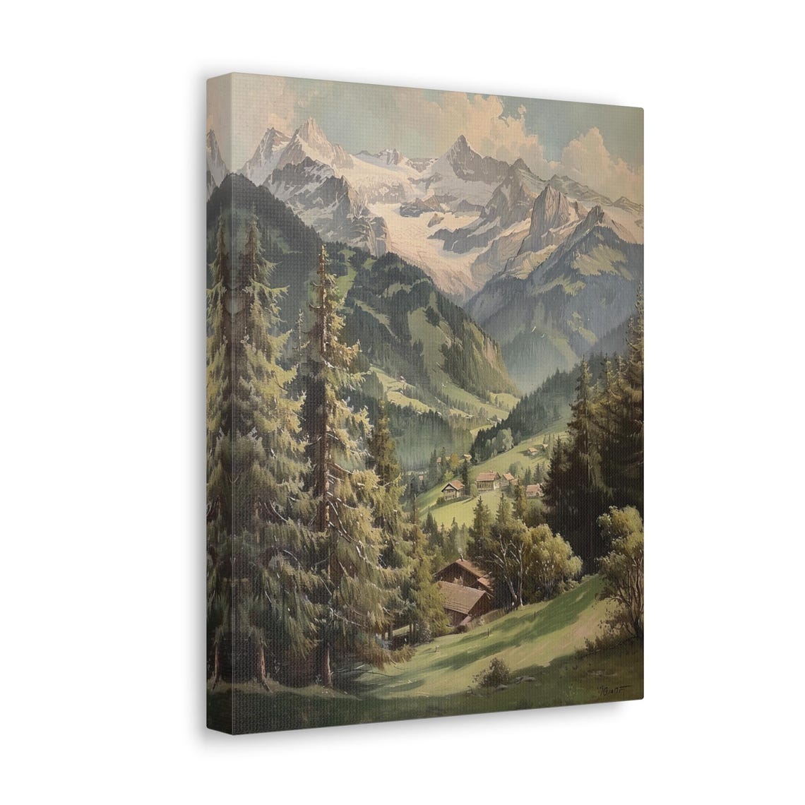 Vintage Alpine Valley with Pines Chalets and Glacier Peaks Poster - Image 4