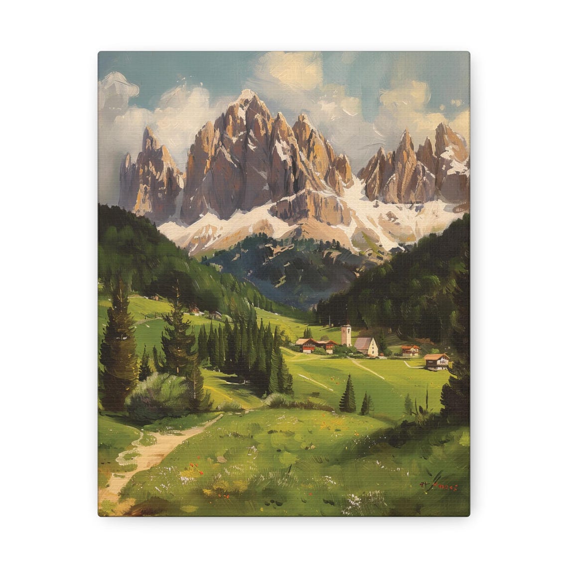 Alpine Village Green Meadow Jagged Snowy Peaks Pine Valley Poster - Image 3