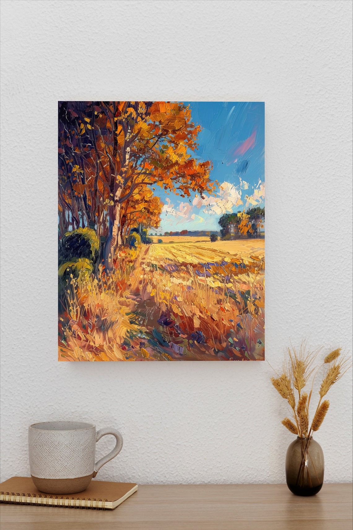 Autumn Golden Meadow Poster with Orange Trees in Impressionist Style - Image 2