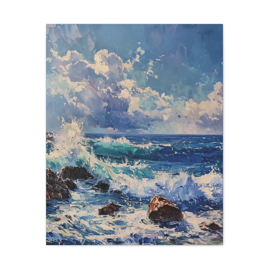Ocean Waves Crashing on Dark Rocks Poster in Bold Blue Impasto Style - Image 3