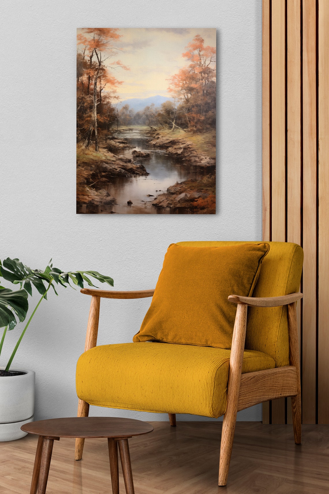 Autumn River Forest Poster with Orange Trees and Blue Mountains View - Image 2