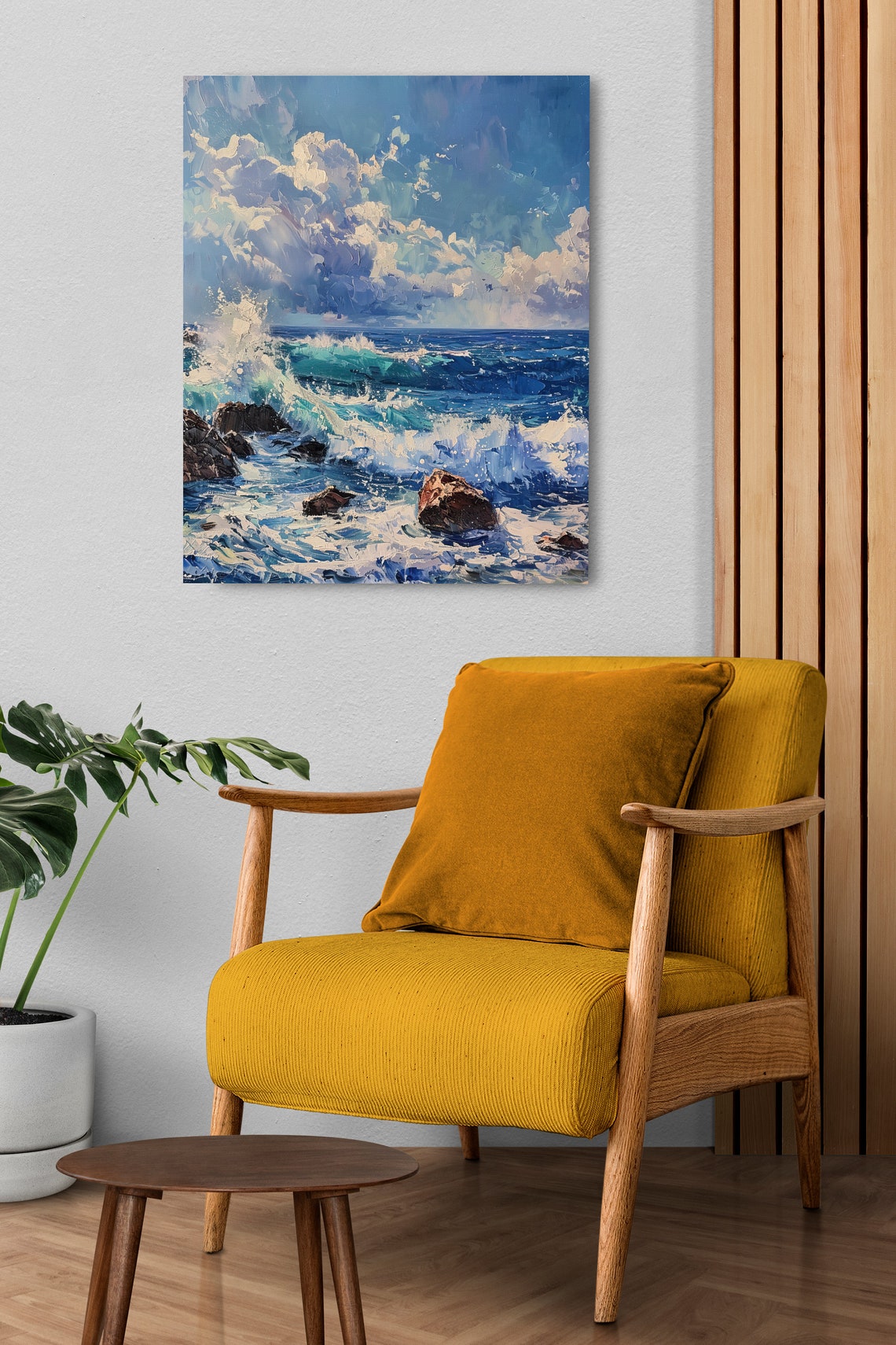 Ocean Waves Crashing on Dark Rocks Poster in Bold Blue Impasto Style - Image 2