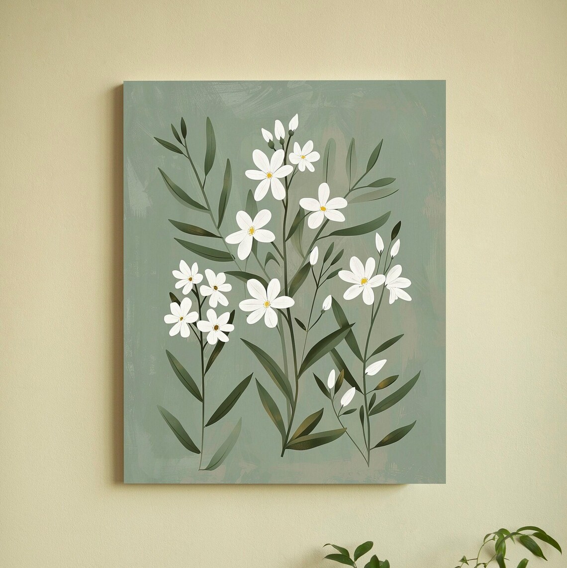 Sage Green Botanical Poster with White Wildflowers Minimalist Design