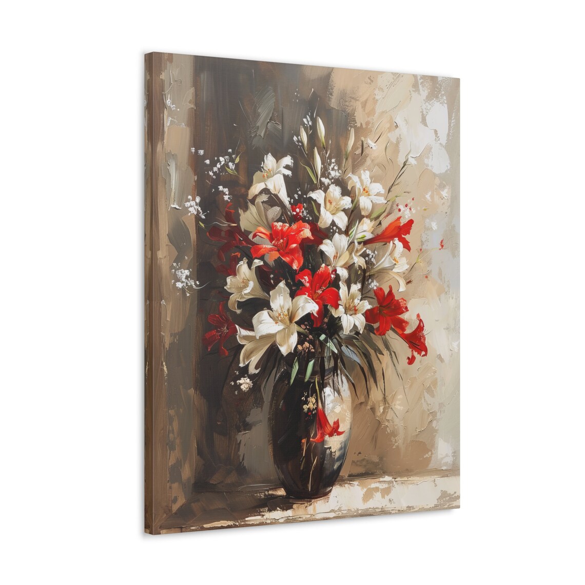Red And White Lilies Dark Vase Modern Floral Painting Poster - Image 4